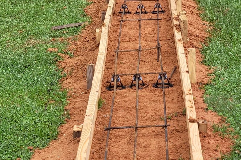 Wood forms and rebar set for a concrete pour