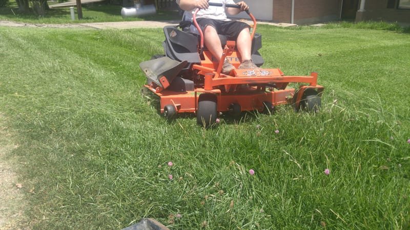 Zero-turn mower cutting a clean line through tall grass
